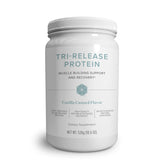 Close-up of Isagenix Tri-Release Protein Vanilla Custard canister label