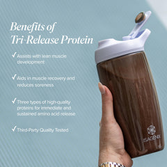 Isagenix Tri-Release Protein vanilla custard scoop demonstrates convenient 25g serving