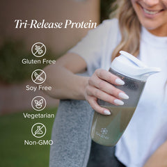 Isagenix Tri-Release Protein bottle label close-up communicates non-GMO and kosher credentials