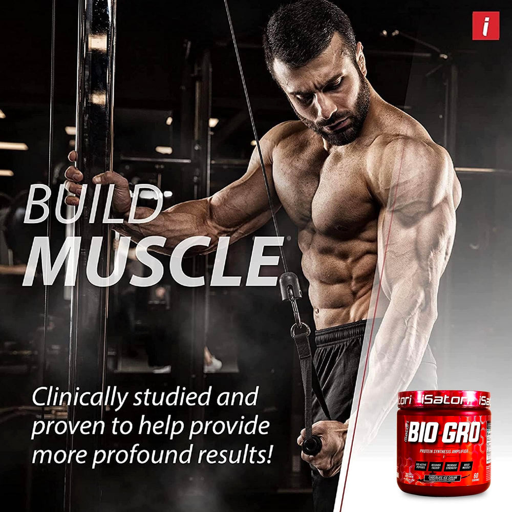 Isatori BIO-GRO highlights bio-active peptides for muscle support.