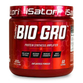 isatori BIO-GRO bottle label highlights stimulant-free pre-workout use