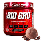 Isatori BIO-GRO powder tub ready for pre- or post-workout recovery.