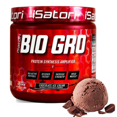 Isatori BIO-GRO powder tub ready for pre- or post-workout recovery.