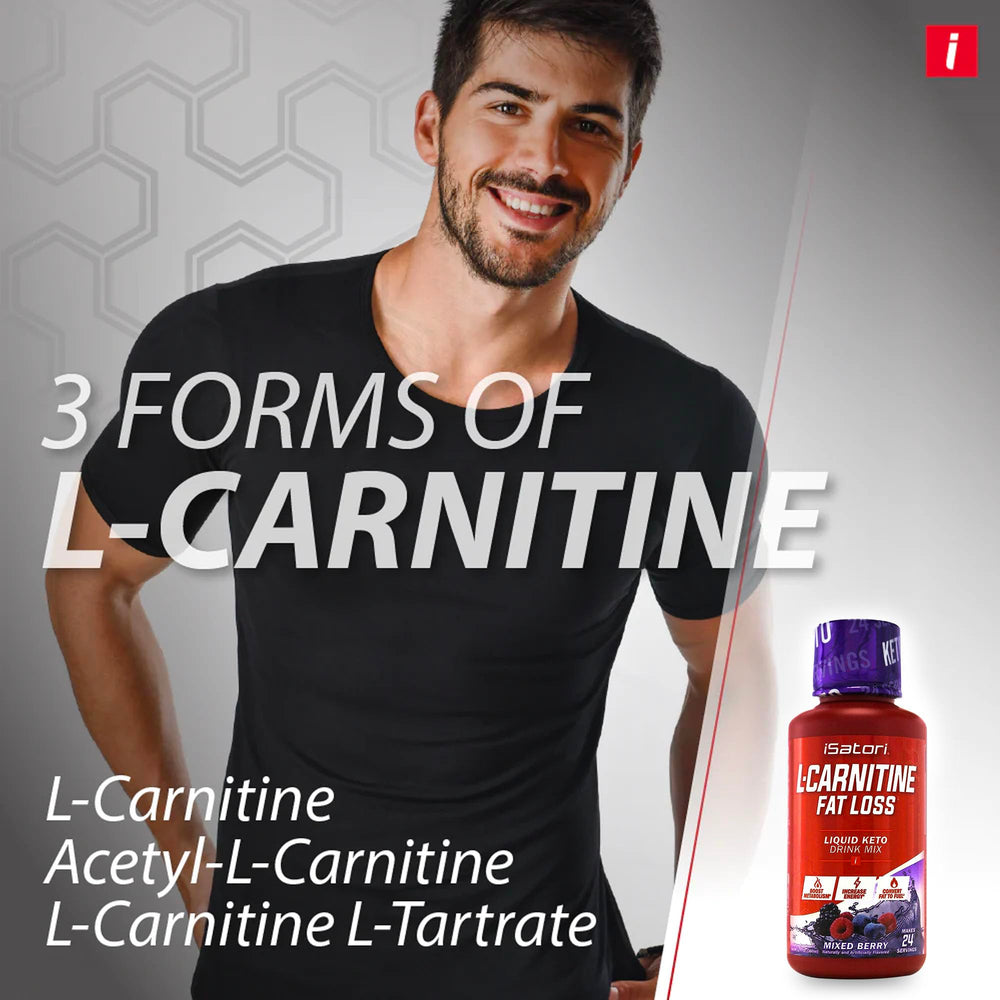 iSatori L-Carnitine 1500 glass with straw showcases Mixed Berry flavor for tasty workouts.