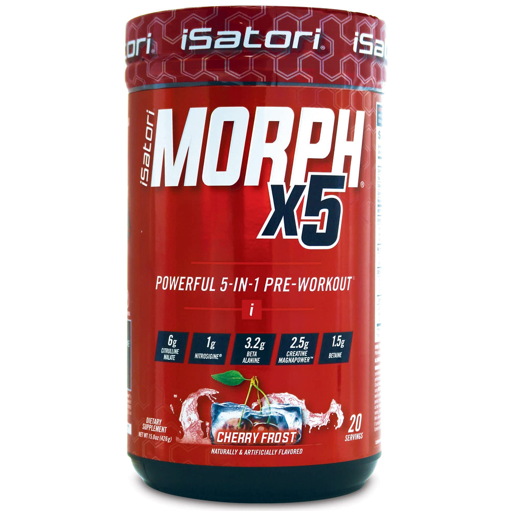 iSatori Morph X5 Cherry Frost pre-workout bottle, 20 servings