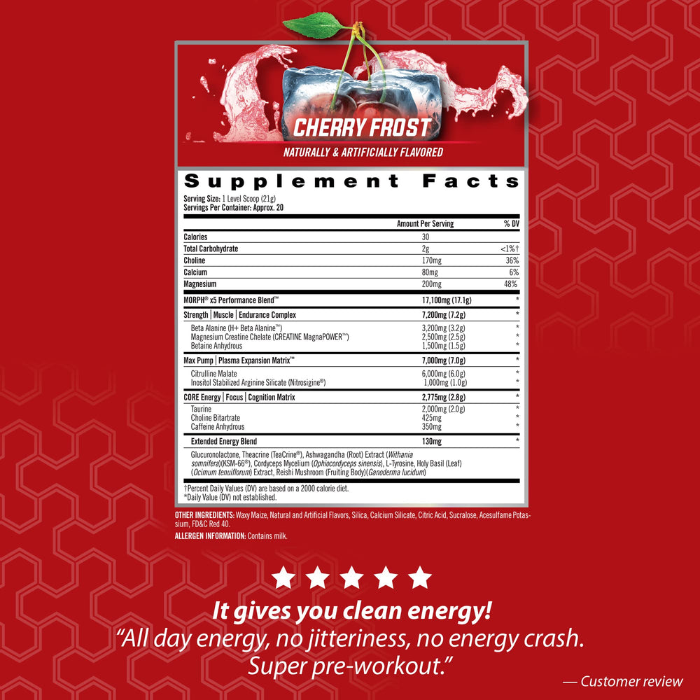 Close-up of Morph X5 scoop with Cherry Frost flavor