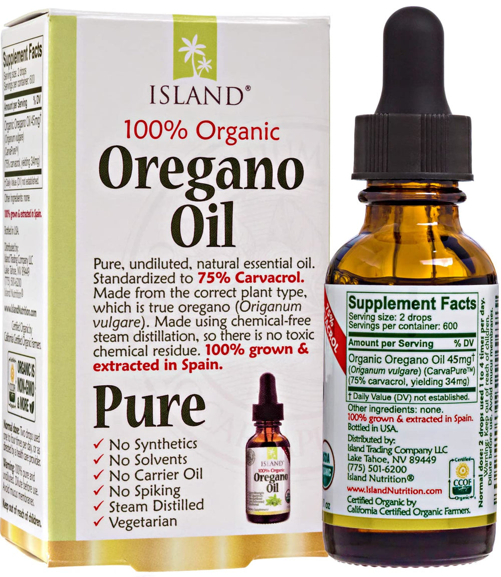 Island Nutrition oregano oil drops 1 oz bottle with label close-up
