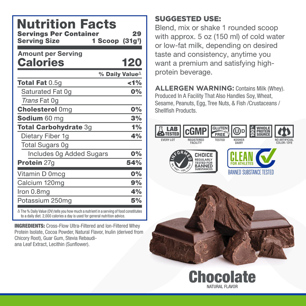 Back panel with nutritional information for ISONATURAL Chocolate Protein Isolate 2 lb