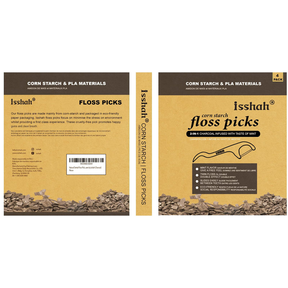 Charcoal flavor Isshah dental floss picks with packaging