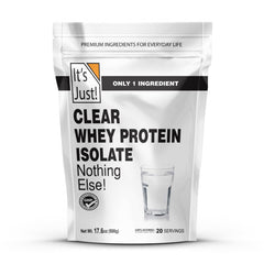 It's Just! Clear Whey Isolate bottle front highlights unflavored protein for versatile use.
