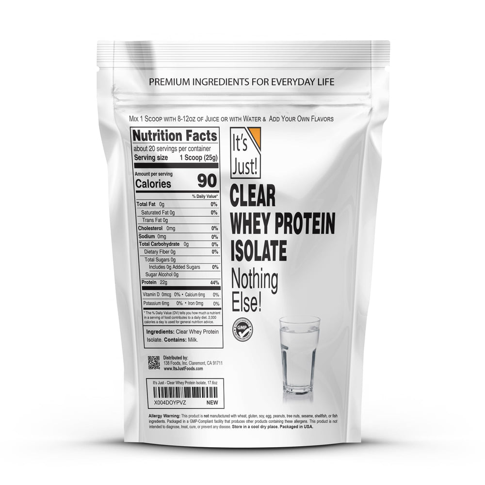 It's Just! Clear Whey Isolate label shows WPI-90 purity and gluten-free, non-GMO quality.