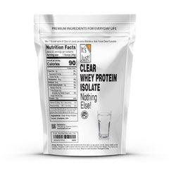 It's Just! Clear Whey Isolate label shows WPI-90 purity and gluten-free, non-GMO quality.