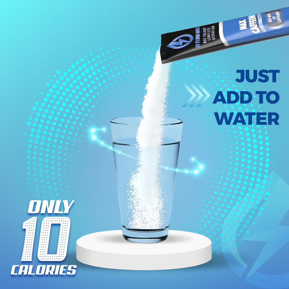 IV FLUID MAX canister beside a glass of water, highlighting taste and refreshment.