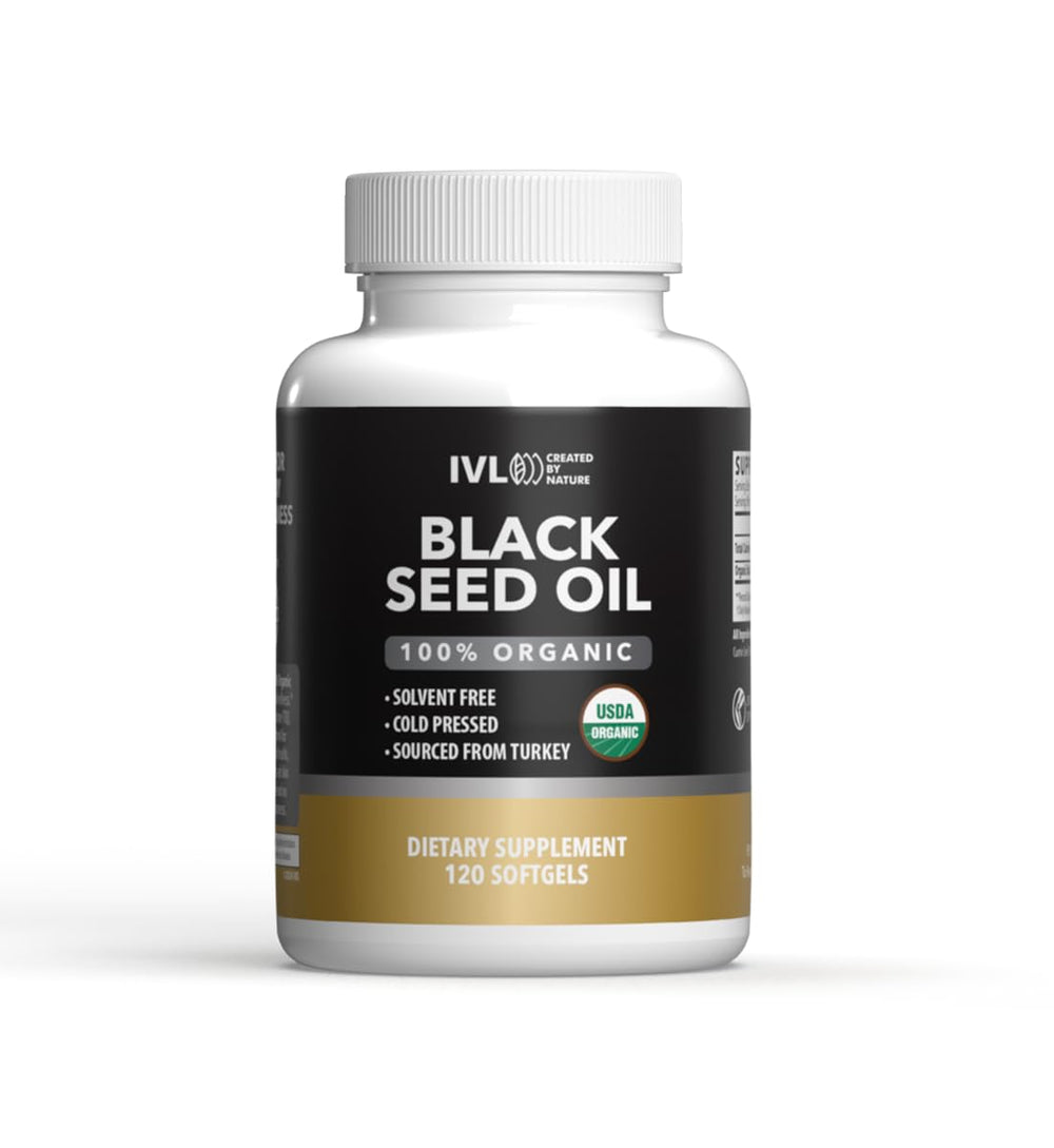 IVL Organic Black Seed Oil bottle and softgels on white