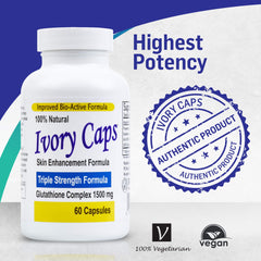 Ivory Caps capsules and glass bottle with label showing 1500 mg Glutathione
