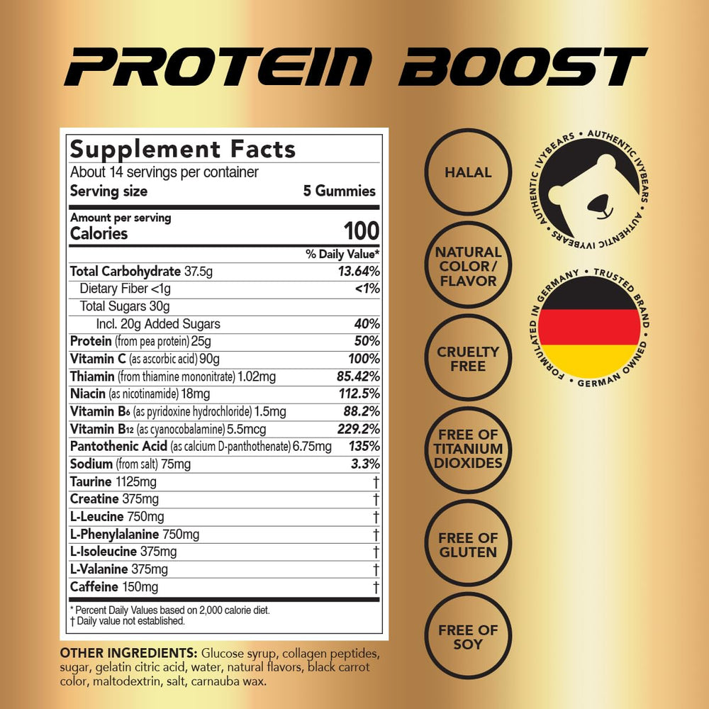 IvyBears Premium Protein Boost Gummies in-use athlete scene suggesting workout-ready energy on the go.