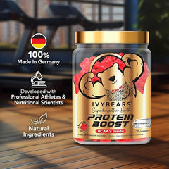 IvyBears Premium Protein Boost Gummies ingredients panel featuring BCAA, creatine, and collagen.