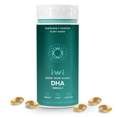 Bottle of Iwi DHA Omega-3 showing algae-based DHA