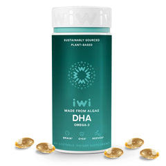 Bottle of Iwi DHA Omega-3 showing algae-based DHA