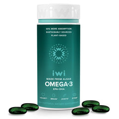 Iwi Omega-3 bottle with 30 vegan algae omega-3 softgels