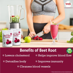 Organic beet root powder in a glass with leaves