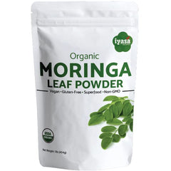 Iyasa Holistics Organic Moringa Leaf Powder front view in resealable pouch