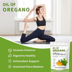 Oregano leaves and black seed oil illustration