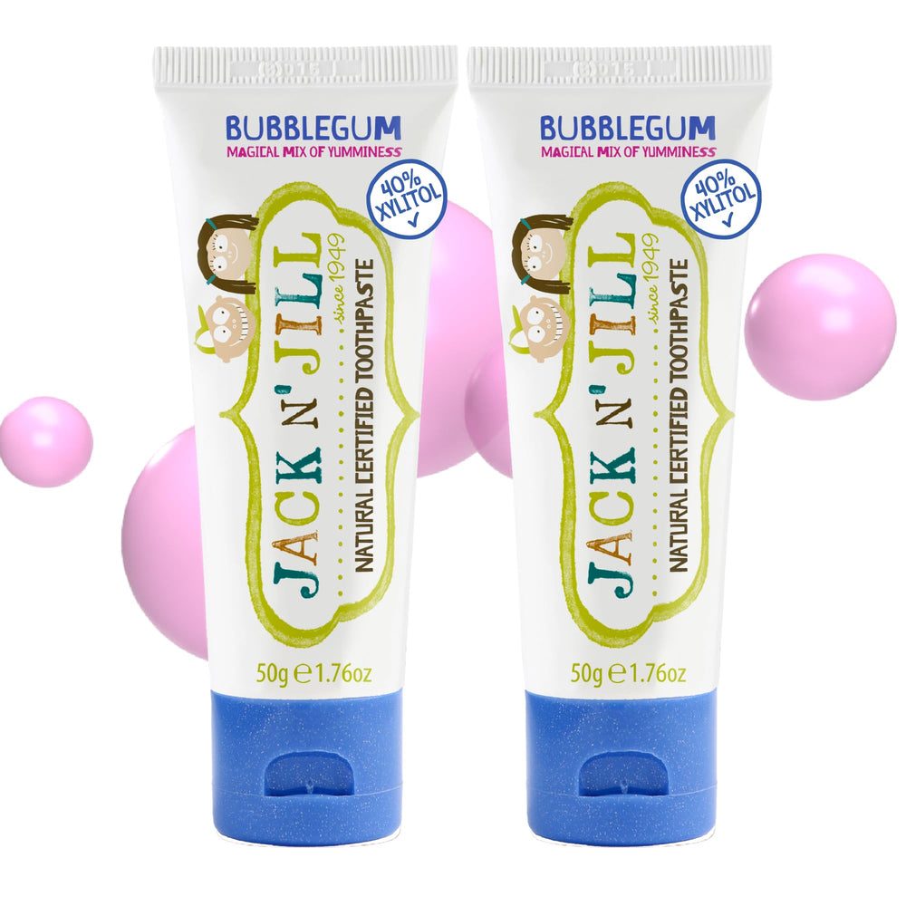 Two 1.76 oz tubes of Jack N' Jill Kids Bubblegum toothpaste in a 2-pack, fluoride-free, BPA-free, with 40% xylitol