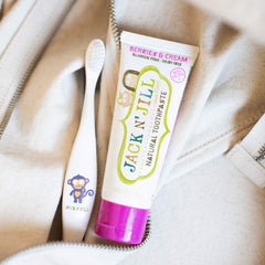 Close-up of Jack N' Jill Berry N' Cream toothpaste label featuring 40% xylitol