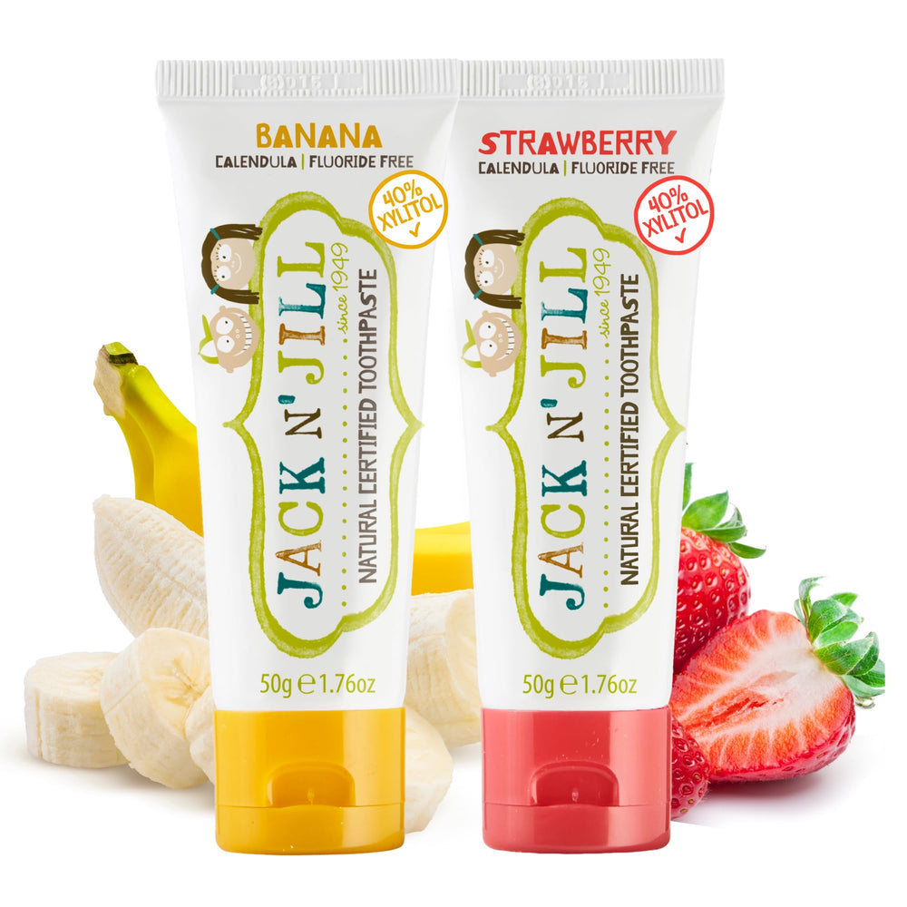 Jack N' Jill Natural Toddler Toothpaste fluoride-free strawberry banana flavor in a pack of 2