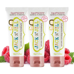 Pack of three Jack N' Jill Raspberry toothpaste tubes, 1.76 oz each