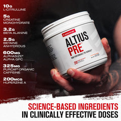 Altius label closeup highlights Citrulline and caffeine for focus
