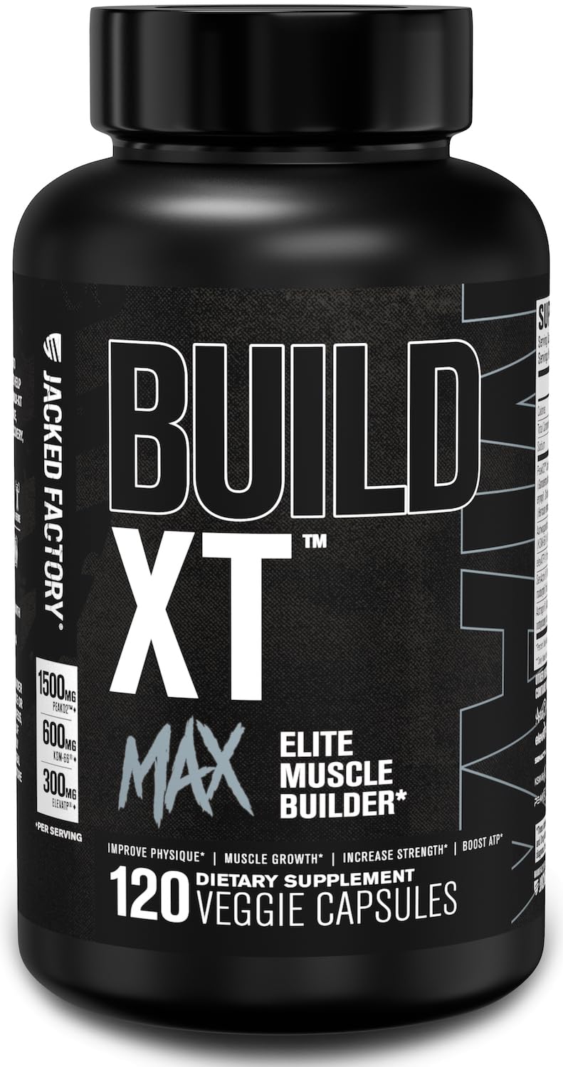 Jacked Factory Build-XT Max bottle with label showing muscle support potential.