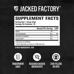 Jacked Factory Carb Surge label close-up highlighting Carb10 and Cluster Dextrin for steady energy