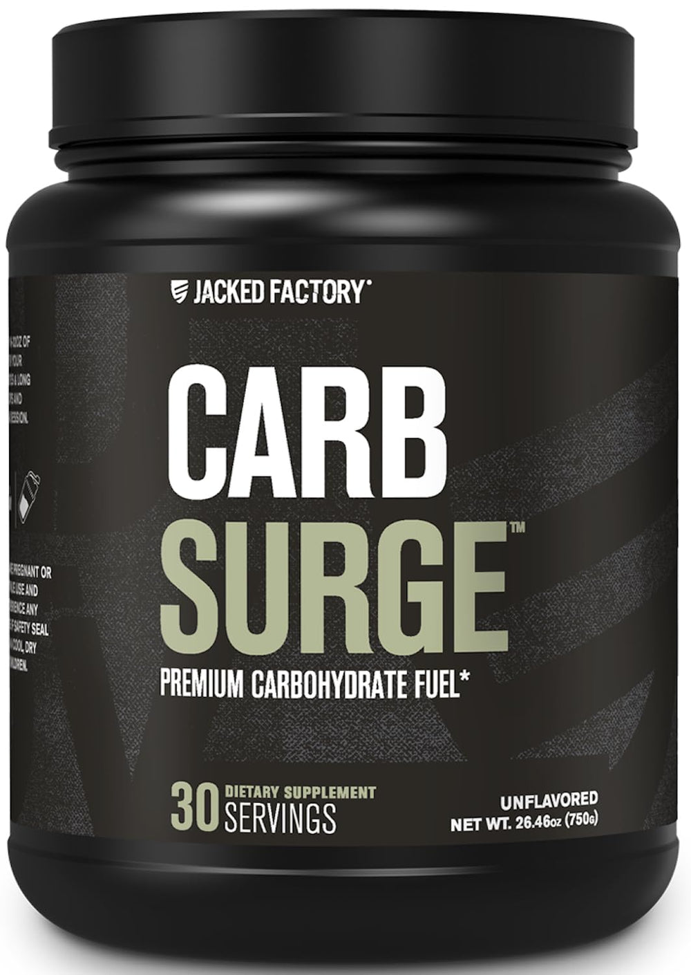 Jacked Factory Carb Surge tub with unflavored powder for steady workout energy