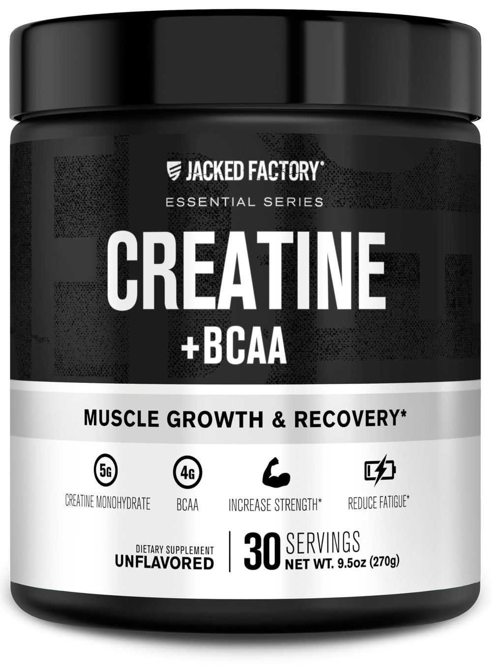 Jacked Factory Creatine + BCAAs bottle front view – unflavored, 30 servings