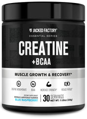 Front view of Jacked Factory Creatine + BCAAs Blue Raspberry bottle, 30 servings