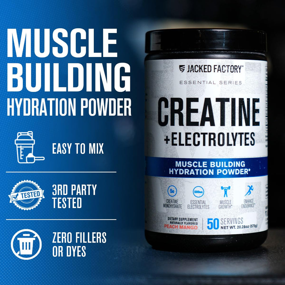 Jacked Factory Creatine + Electrolytes bottle shown from the side