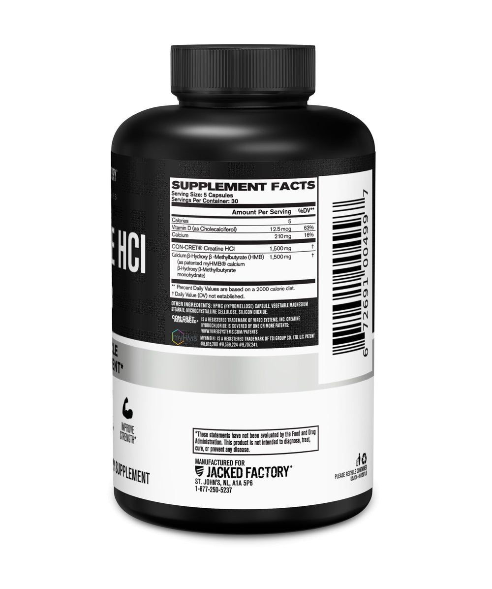 Front view of Jacked Factory Creatine HCL + HMB 150 capsules bottle