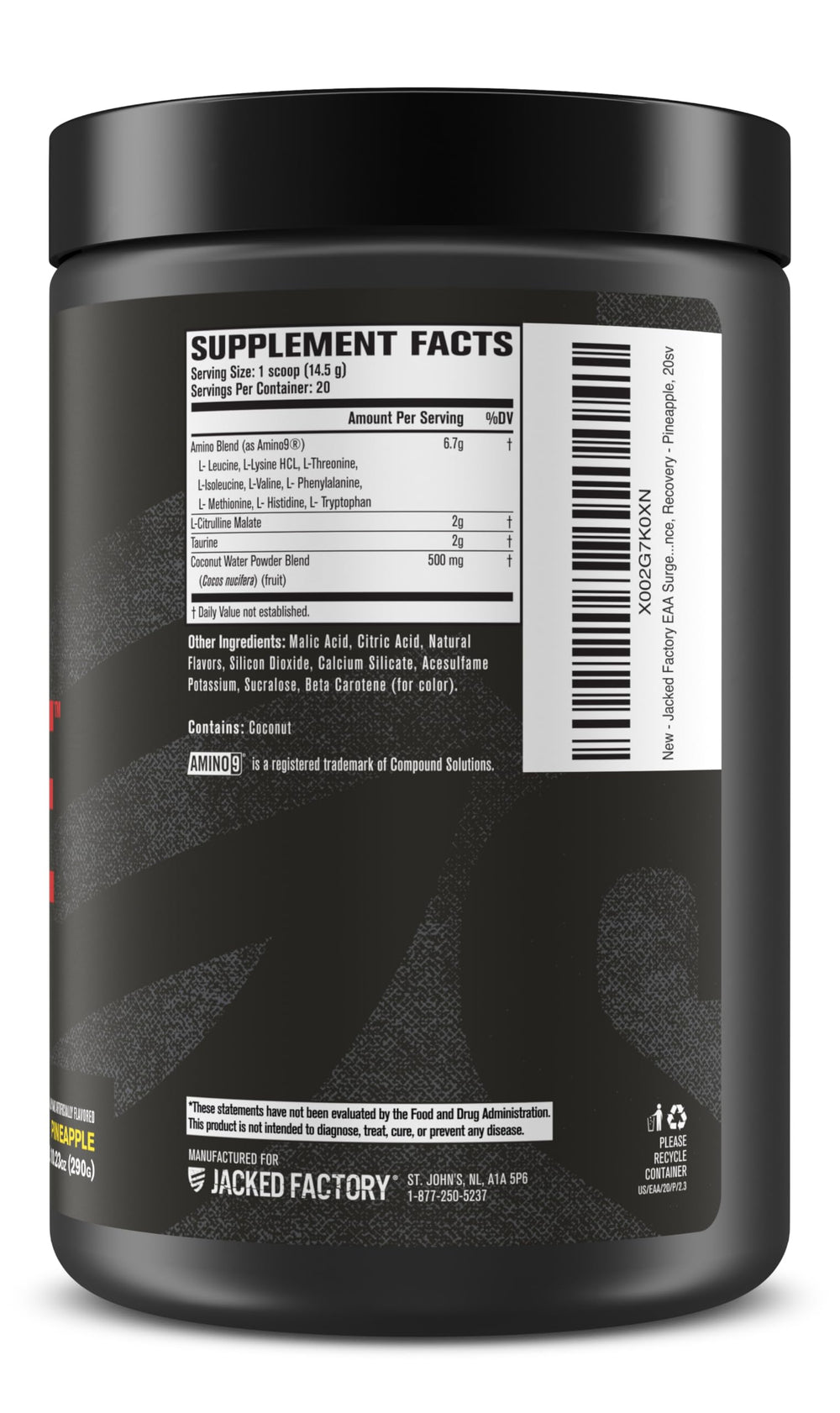 Nutrition facts panel close-up for EAA Surge Pineapple
