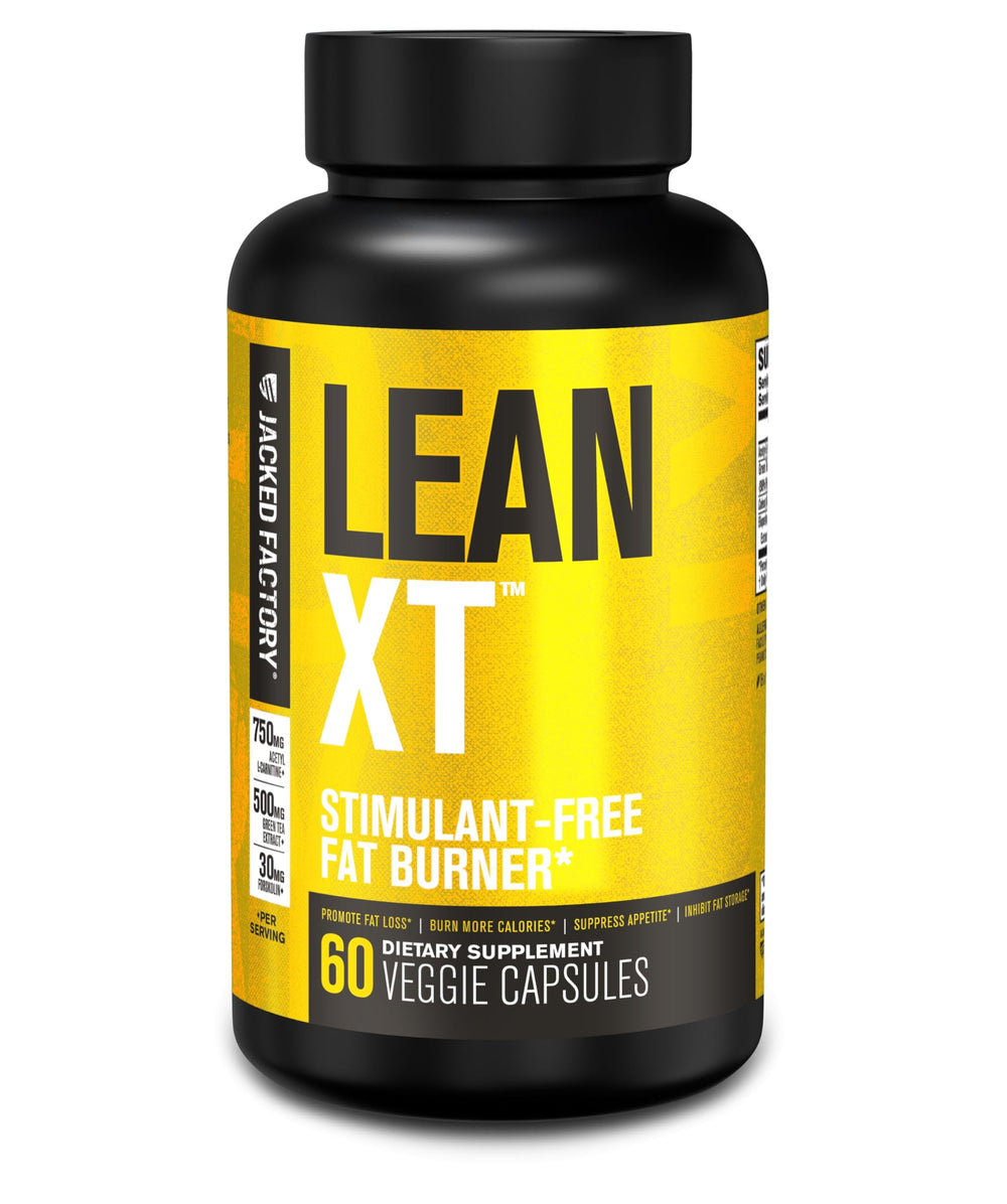 Bottle and packaging of Jacked Factory Lean-XT Caffeine Free Fat Burner