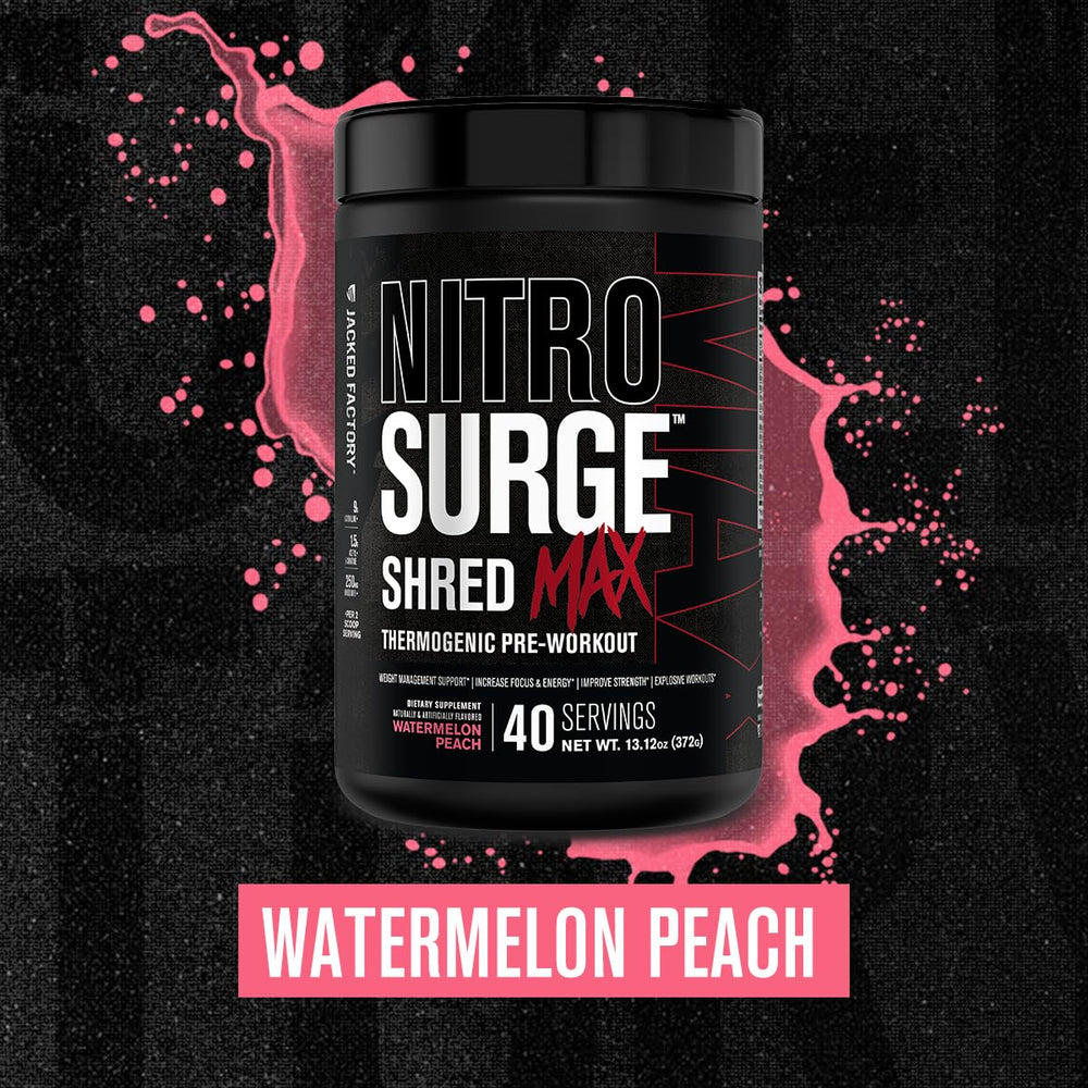 Jacked Factory Nitrosurge Shred Max watermelon-peach glass offers refreshing taste and focus boost.