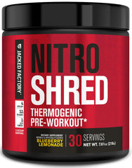 Front view of Jacked Factory Nitrosurge Shred Pre Workout Blueberry Lemonade