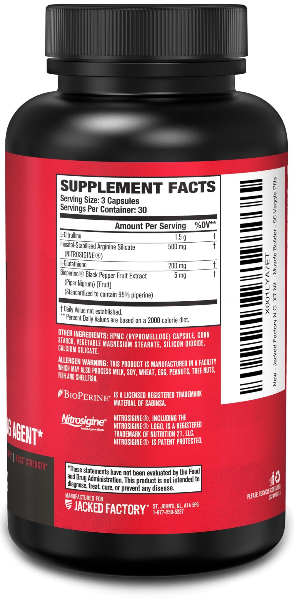 N.O. XT supplement facts panel