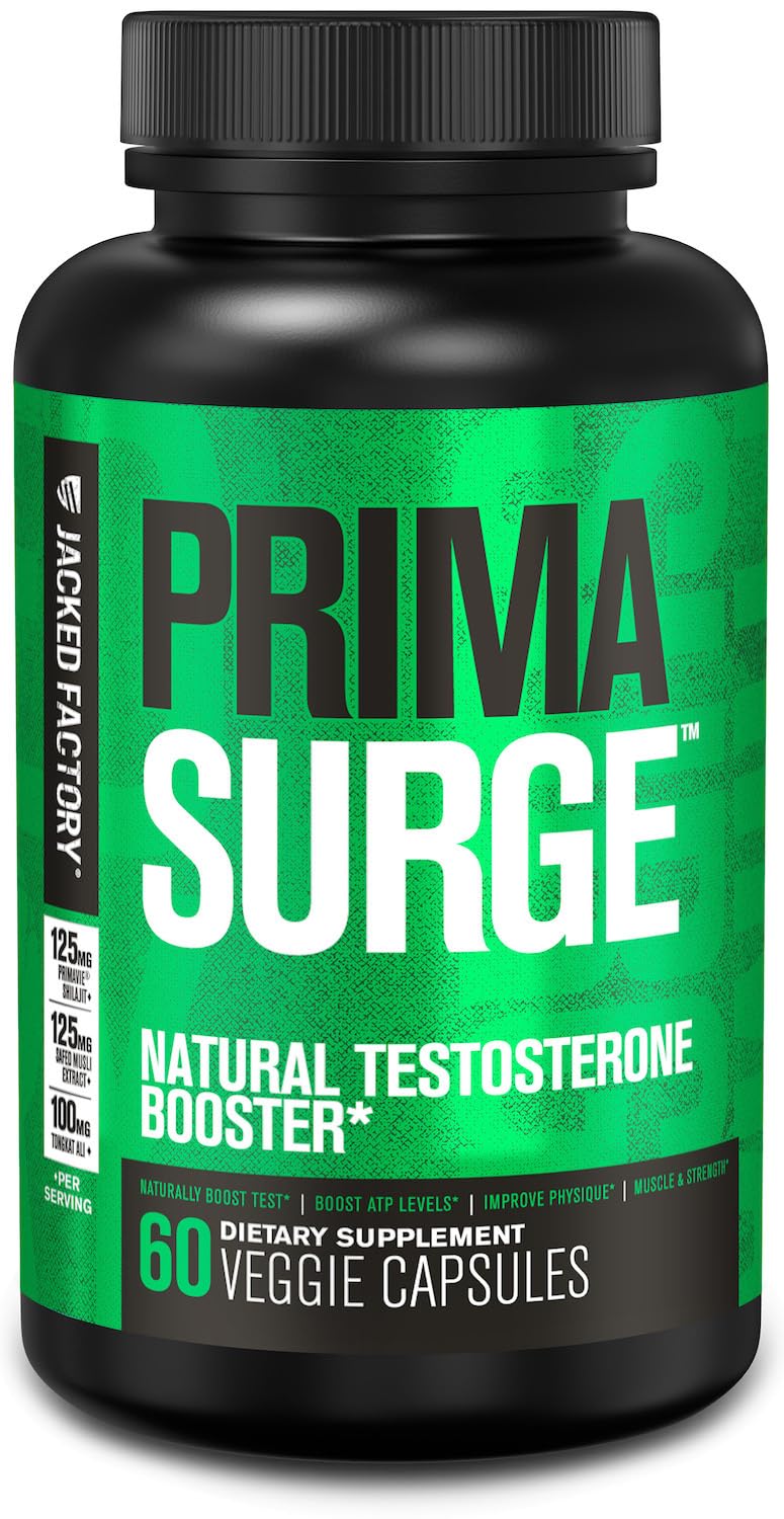 Jacked Factory PRIMASURGE bottle shows natural testosterone support for muscle growth