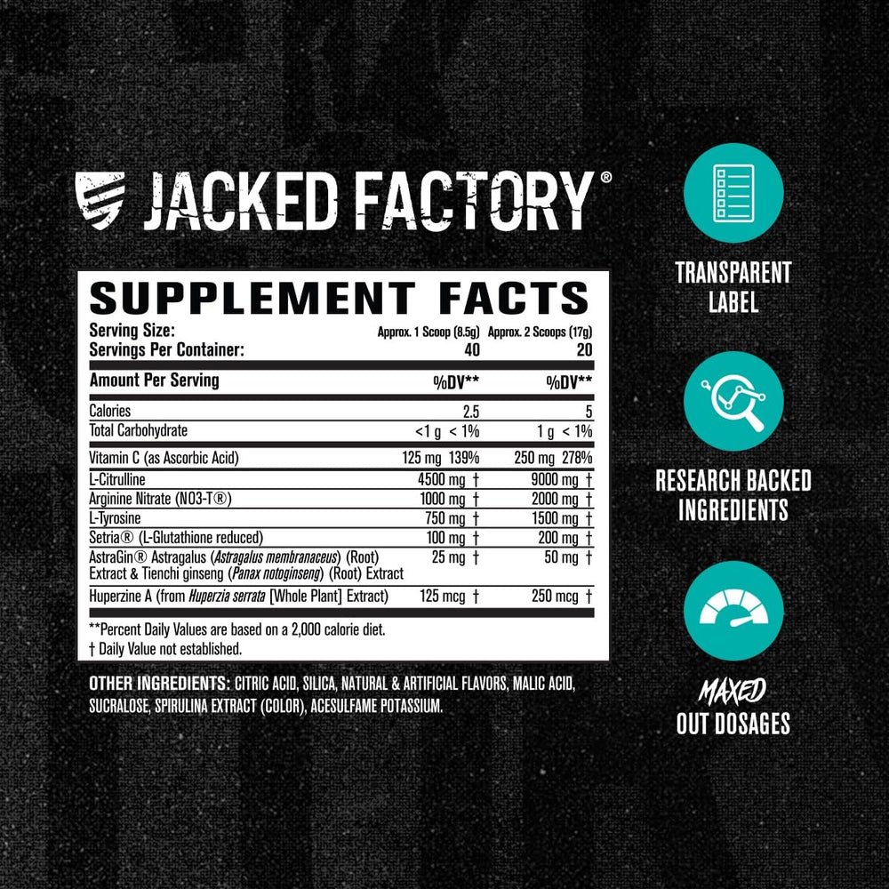 Jacked Factory Pumpsurge Max blue raspberry tub highlights flavor and serving size.