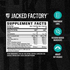 Jacked Factory Pumpsurge Max blue raspberry tub highlights flavor and serving size.