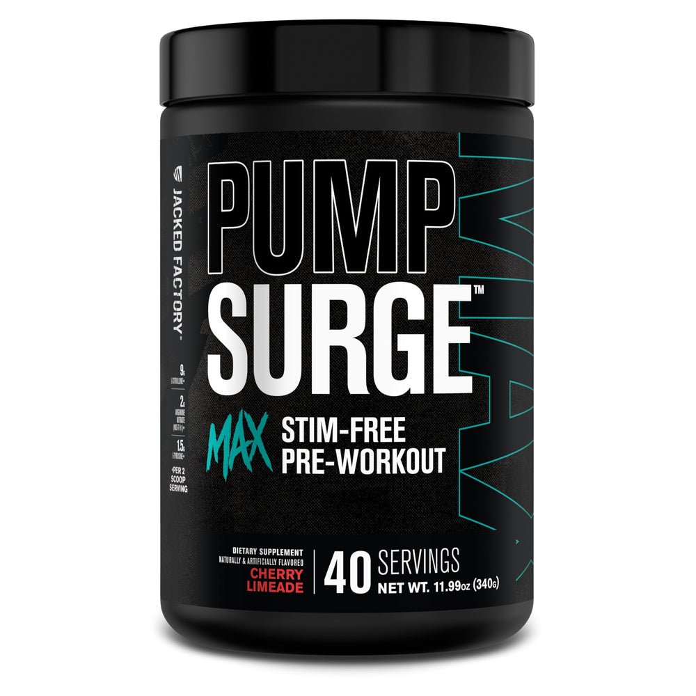 Jacked Factory Pumpsurge Max Cherry Limeade tub highlights stimulant-free pumps and nutrient delivery.