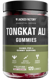 Jacked Factory Tongkat Ali Gummies bottle closeup highlights potent 100:1 extract for vitality.