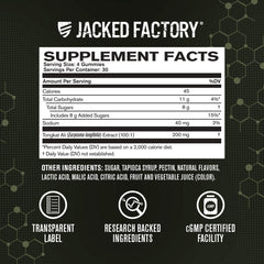 Jacked Factory Tongkat Ali Gummies packaging front displays tart cherry flavor and purity.